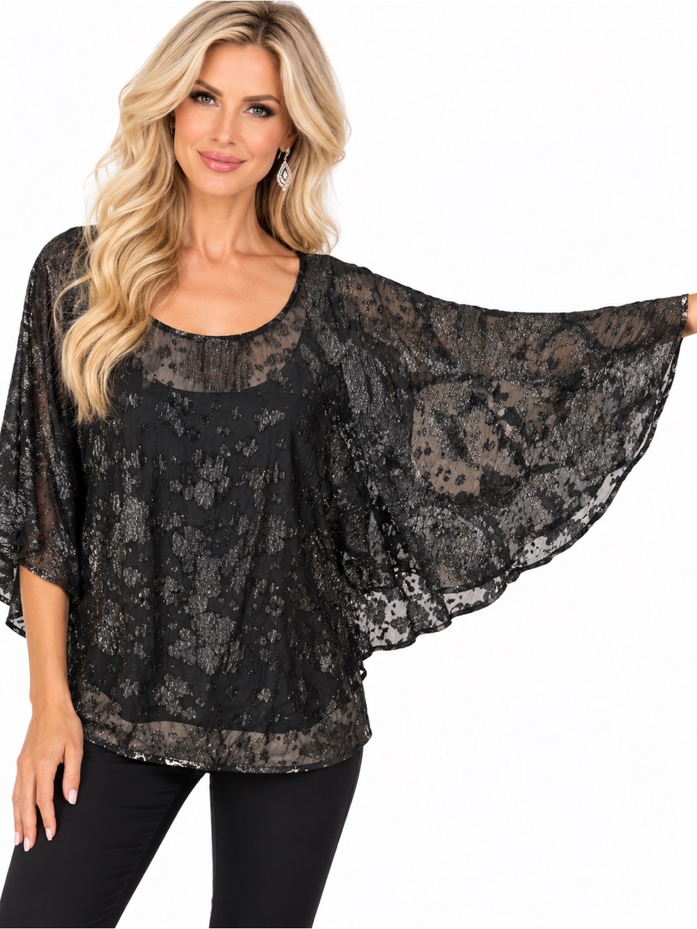 Ruby Rd. Women’s XL Black Metallic Sheer Cape Flutter Sleeve Blouse